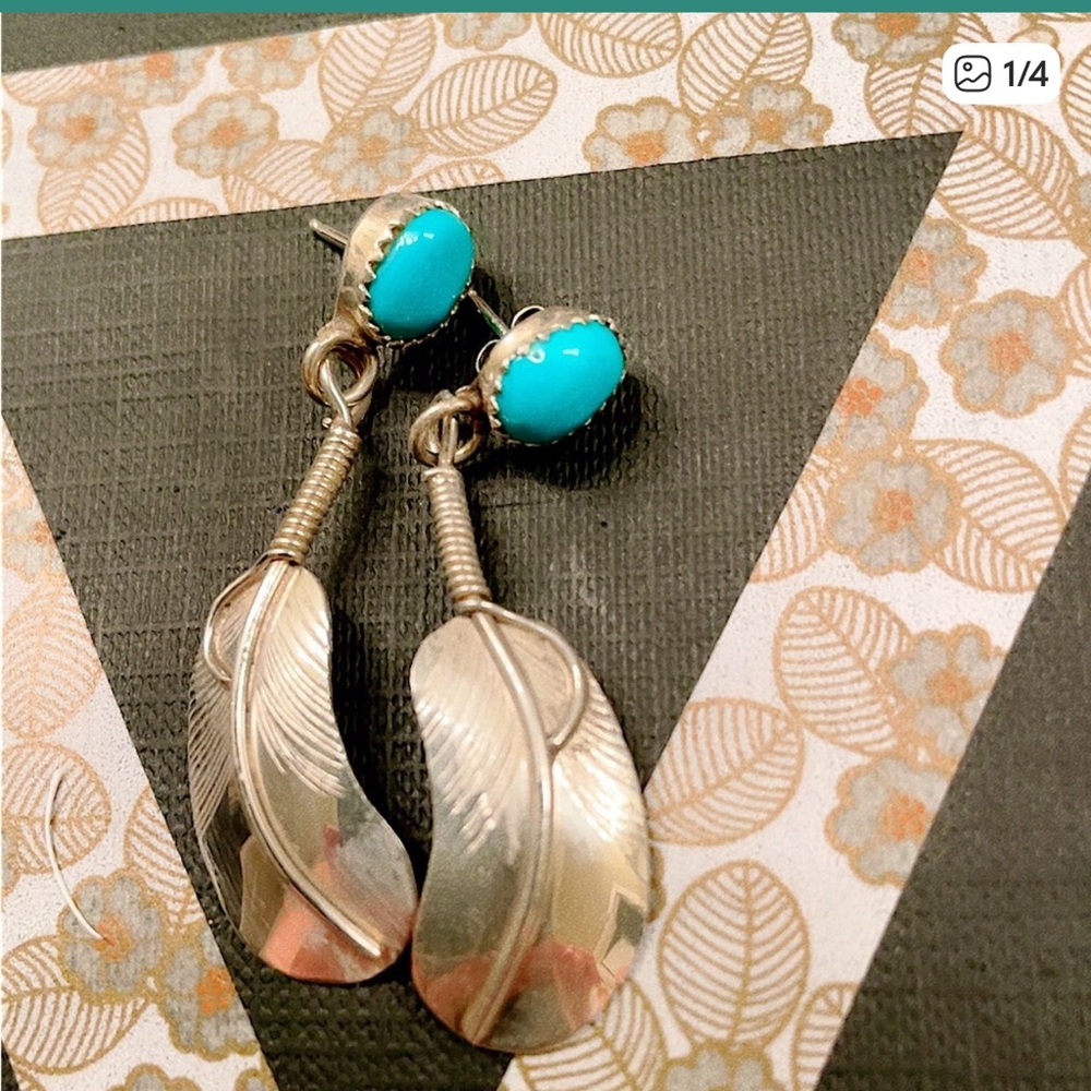 Vintage Native American Signed Turquoise Sterling Silver Feather Earrings
